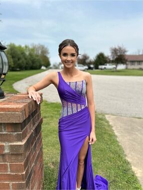 Asymmetrical Purple Prom Gown with Beaded Sheer Bodice